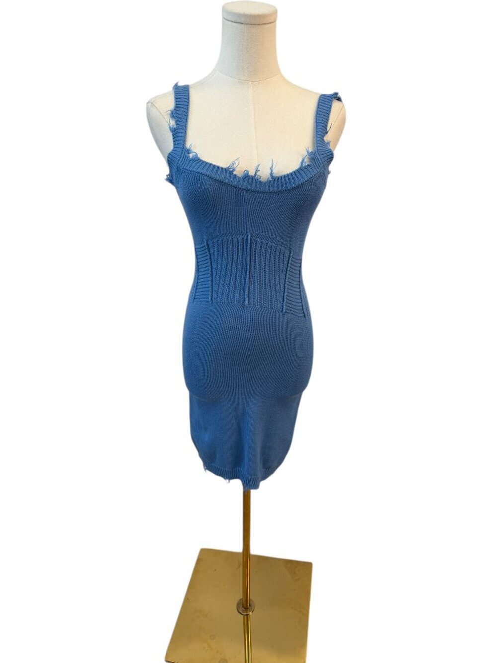 SER.O.YA Blue Distressed Knit Mini Dress XSSleeveless Bodycon - Like New
